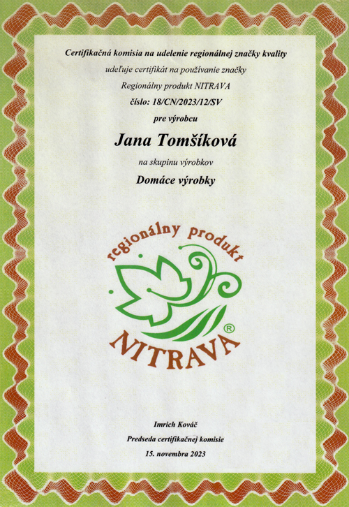 Certifikát regionálnz produkt Nitrava Jana Tomšíková domáce produktz